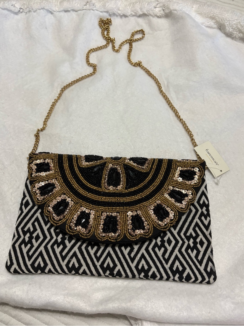 Francesca’s Black & Gold Beaded Evening Clutch with Chain Strap
